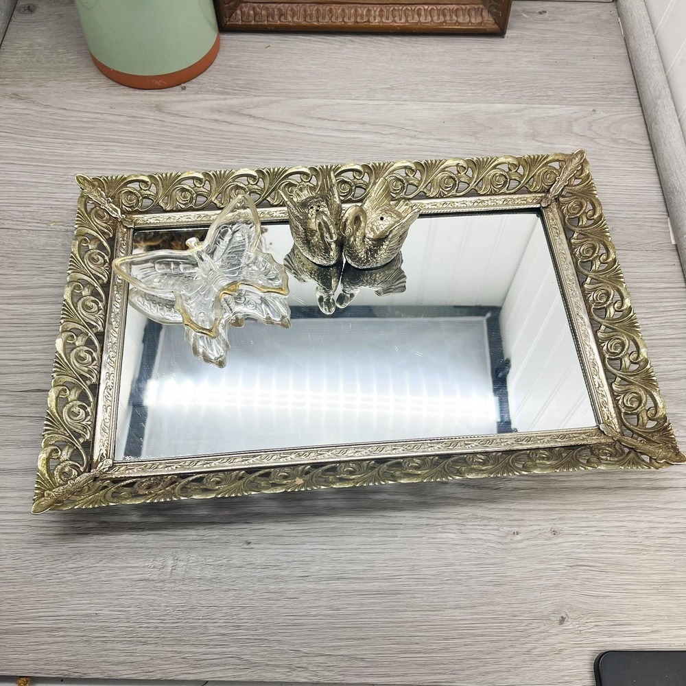 Vintage Ornate Filigree Mirror Tray: Hollywood Regency Vanity Decor (10x15)